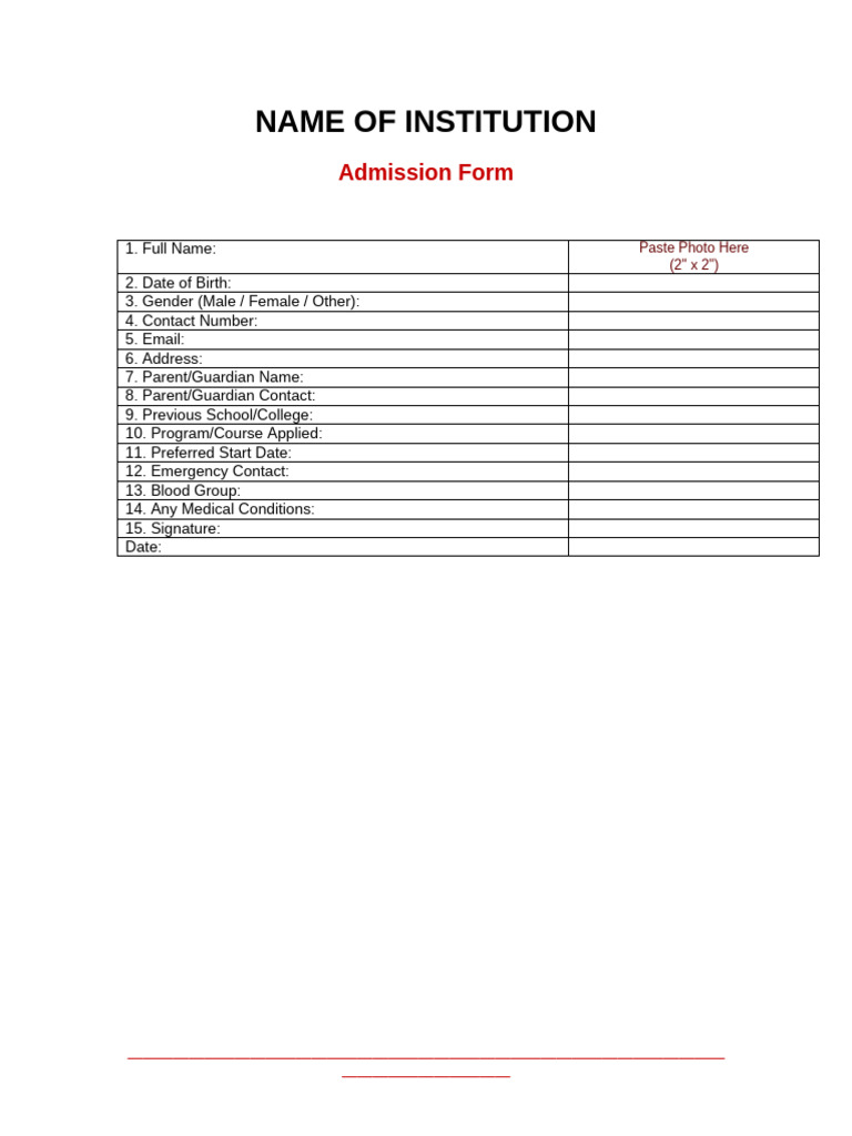 Admission Form Template | PDF