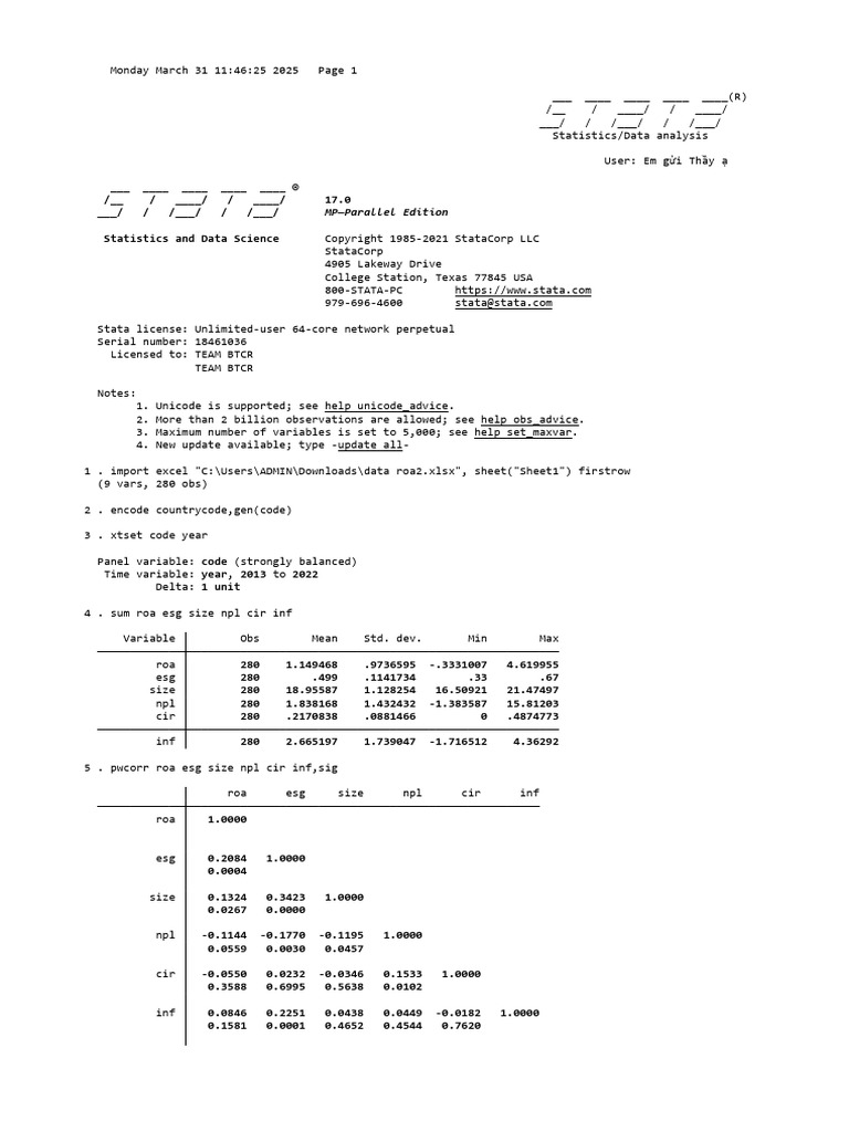 Panel Data Analysis with Stata | PDF | Coefficient Of Determination | P ...
