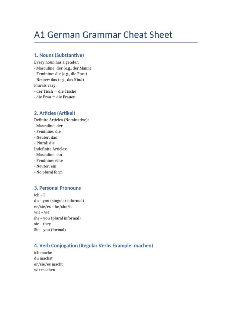 A1 German Grammar Cheat Sheet | PDF