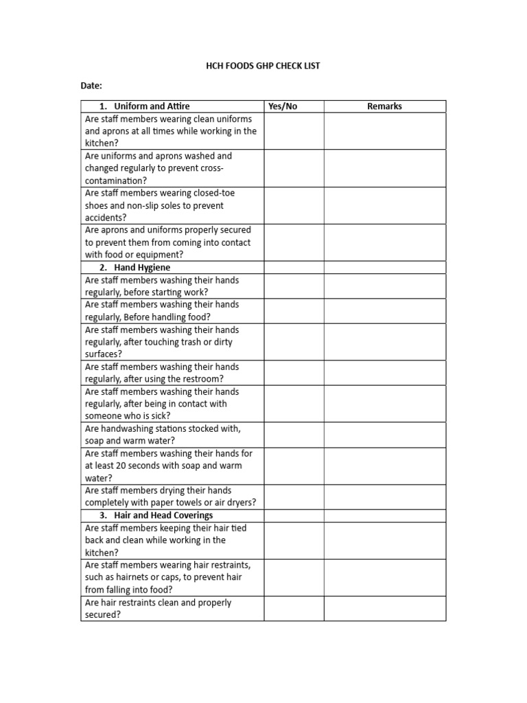 HCH Foods GHP Compliance Checklist | PDF | Hand Washing | Hygiene