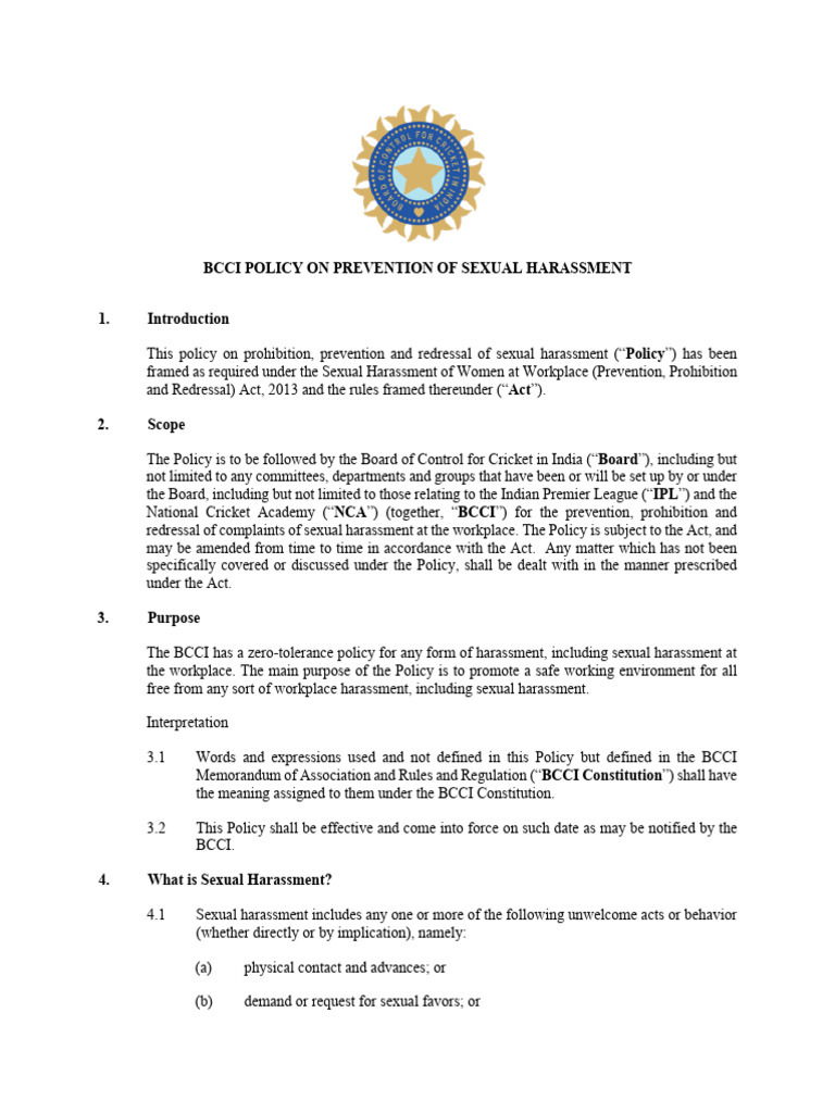 Bcci Posh Policy | PDF | Sexual Harassment | Complaint
