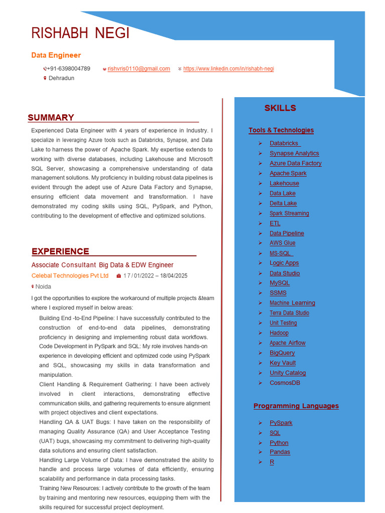 Data Engineer Resume - Rishabh Negi | PDF | Apache Spark | Microsoft ...
