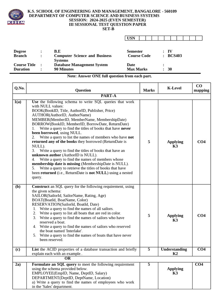 Database Management System Test Paper | PDF | Databases | Information ...