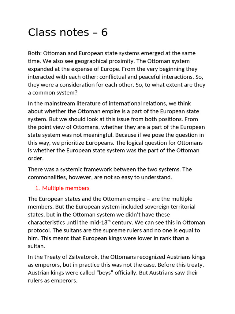Class Notes - 6 | PDF | Diplomacy | Ottoman Empire