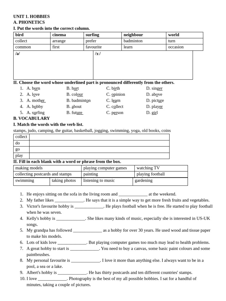 Hobbies: Phonetics, Vocabulary, Grammar | PDF | Hobbies