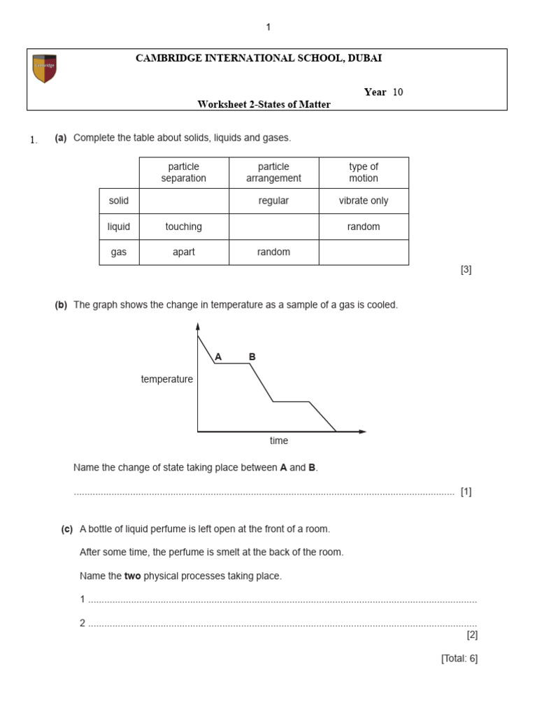 Year 10 Chemistry: States of Matter Worksheet | PDF | Gases | Liquids