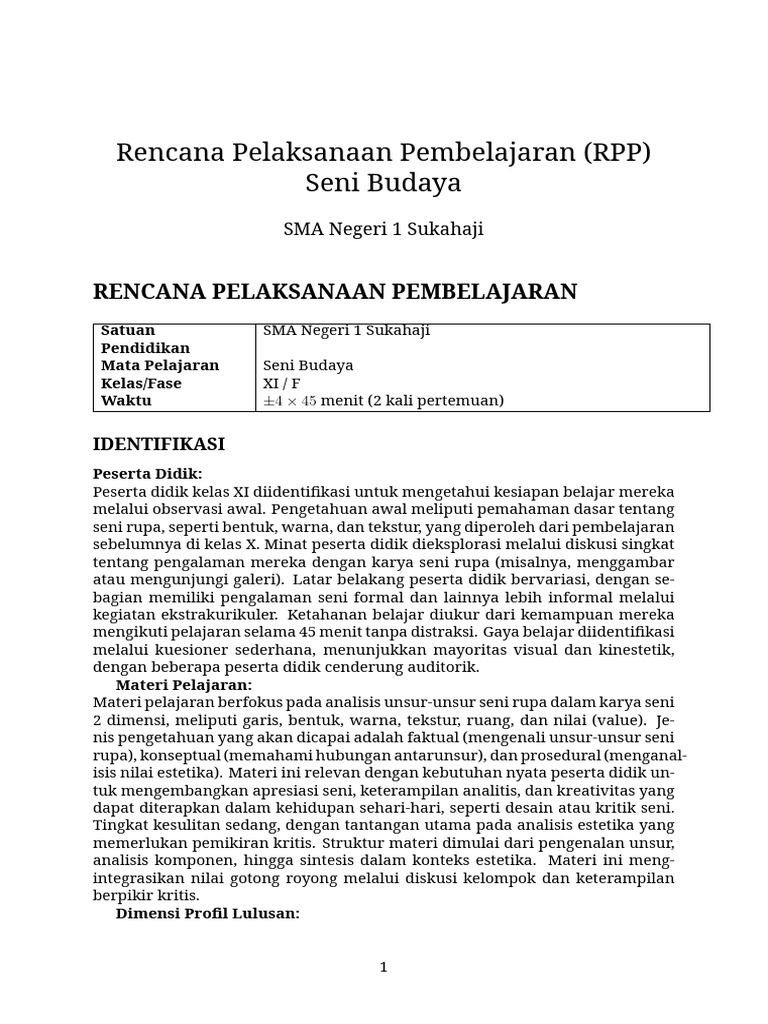 RPP Deep Learning Seni Budaya Kelas XI | PDF