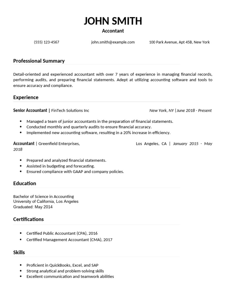Fresher Accountant Resume Format - 1