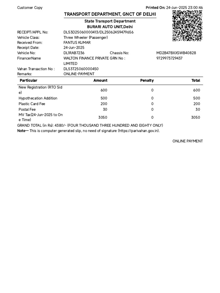 Three Wheeler Registration Receipt | PDF