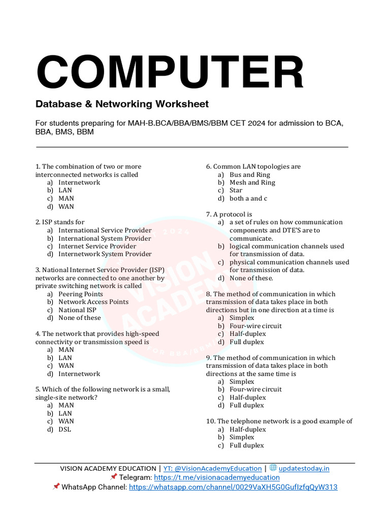 Database & Networking Worksheet 2024 | PDF | Databases | Network Topology