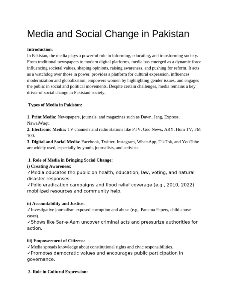 Media's Impact on Social Change in Pakistan | PDF | Mass Media | Human ...