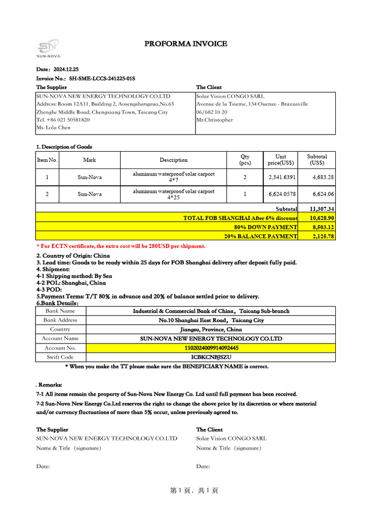 Proforma Invoice for Solar Carports | PDF