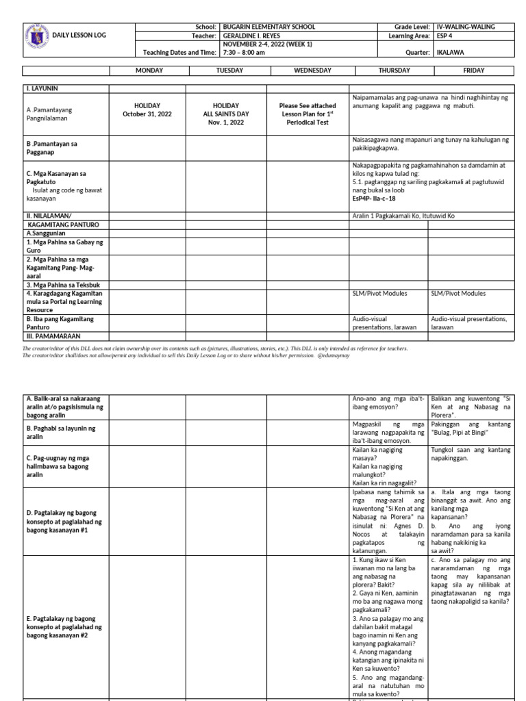 DLL - ESP 4 - Q2 - W1 - Nov. 2 4 2022 Exam | PDF