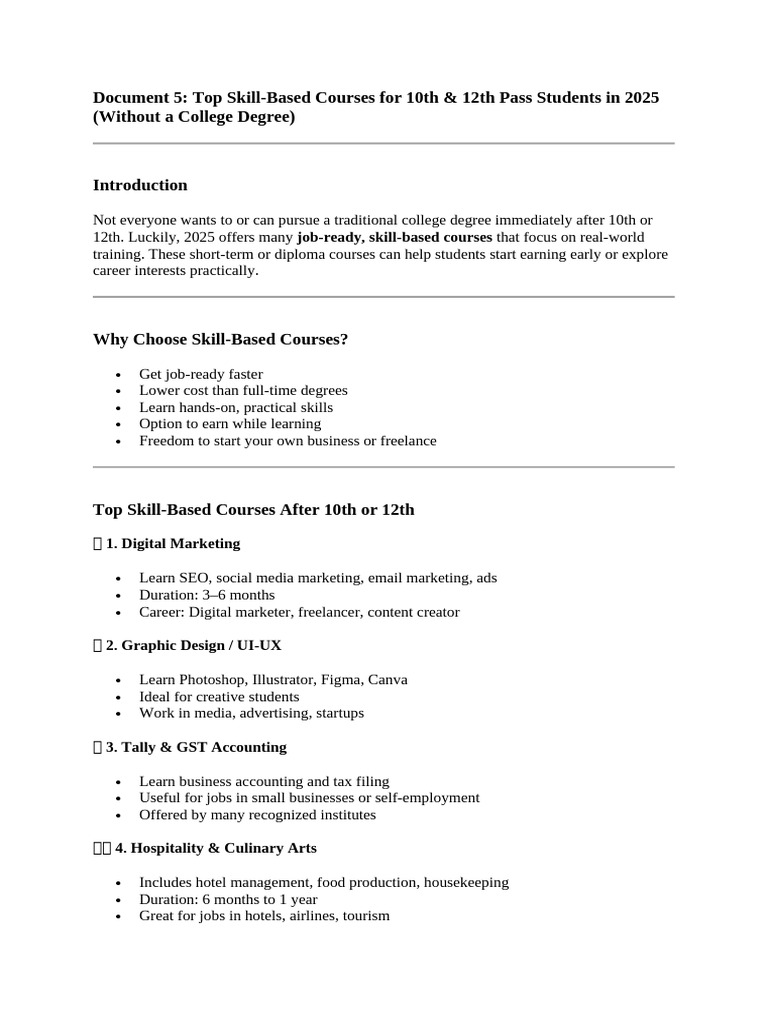 Top Skill-Based Courses For 10th & 12th Pass Students in 2025 | PDF
