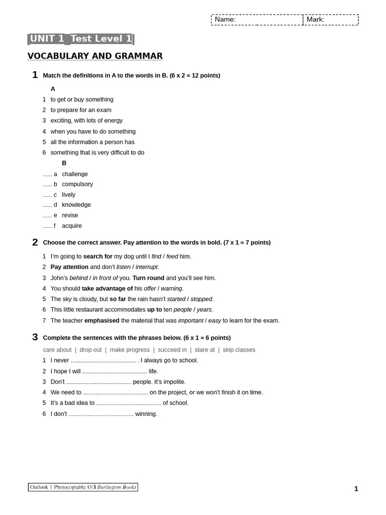 Unit 1 Vocabulary and Grammar Test | PDF | Vocabulary | Linguistics