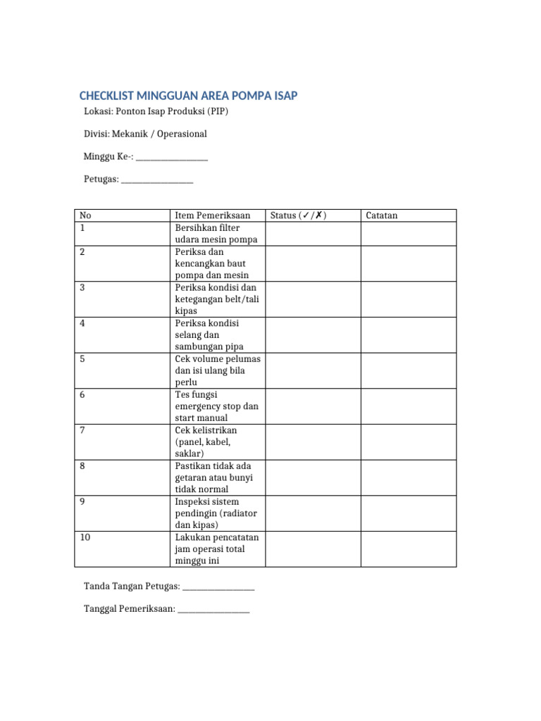 Checklist Mingguan Pompa Isap PIP | PDF