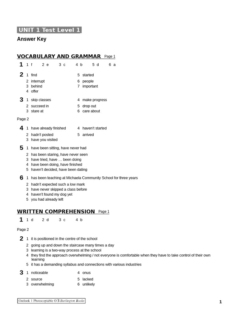 Unit 1 Test Level 1 Answer Key | PDF