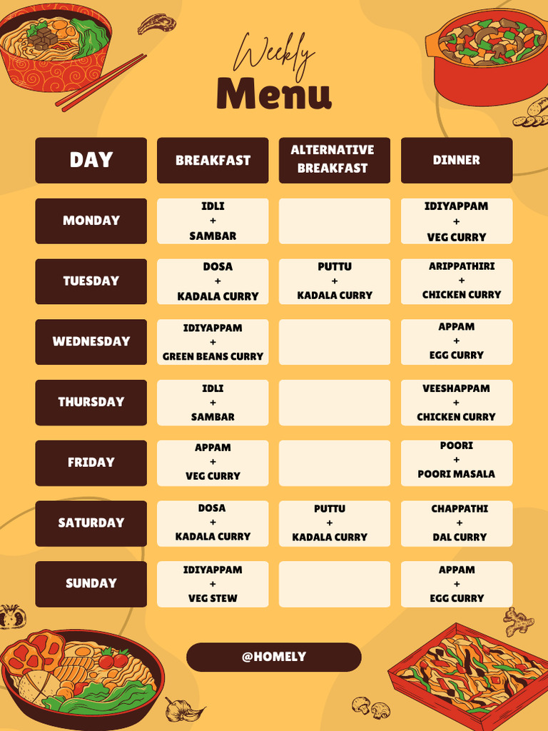 Weekly Homely Food Menu | PDF