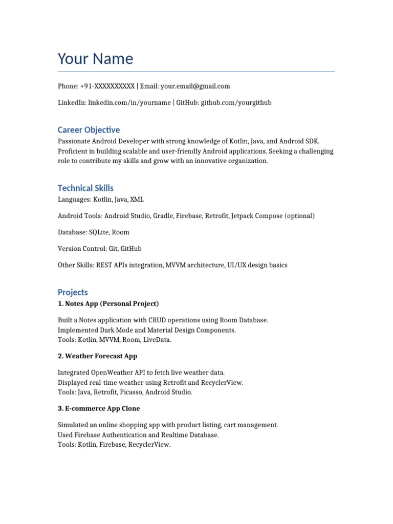 Android Developer Resume for Freshers | PDF