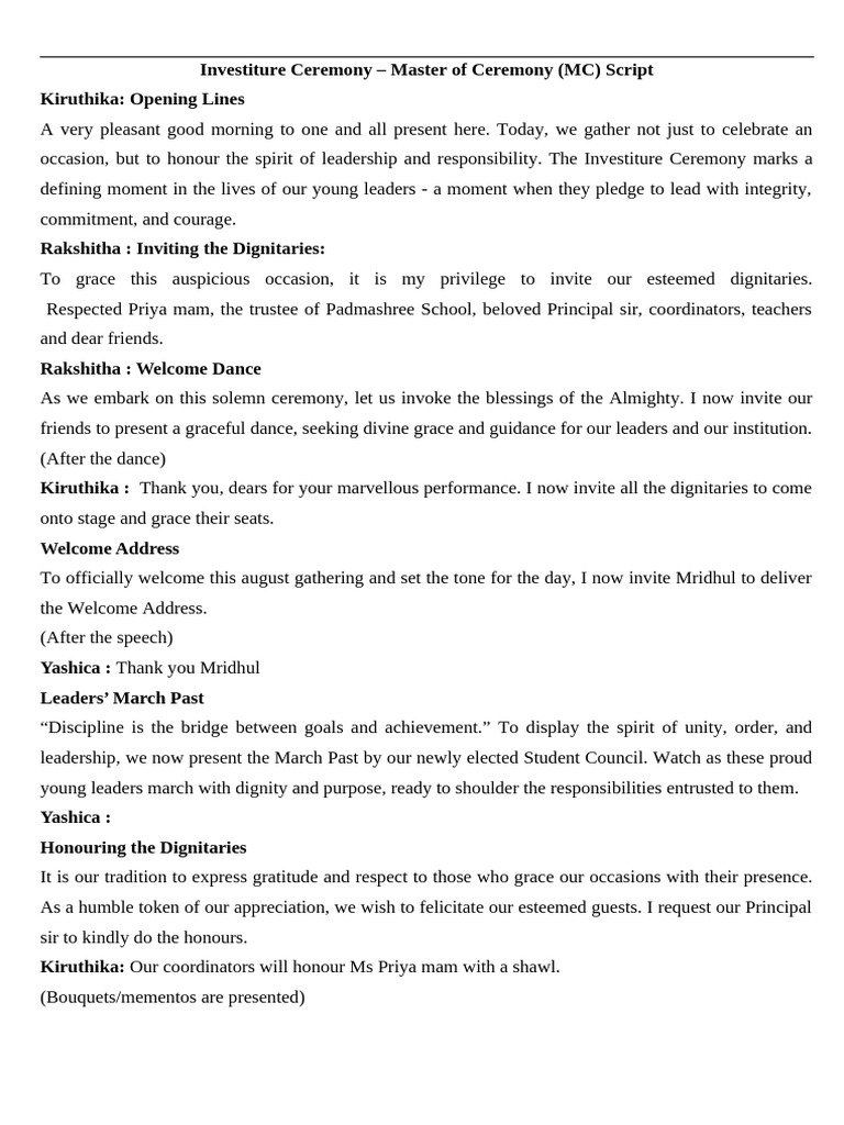 MC Script for Investiture Ceremony | PDF