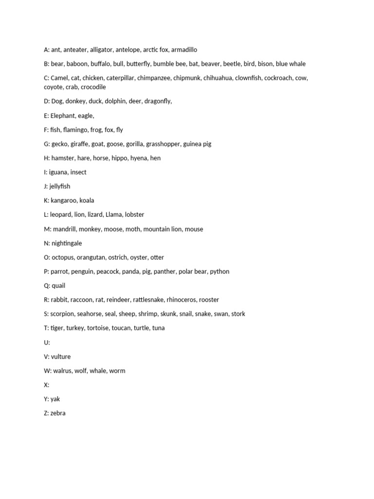 ABC Animal Names List | PDF