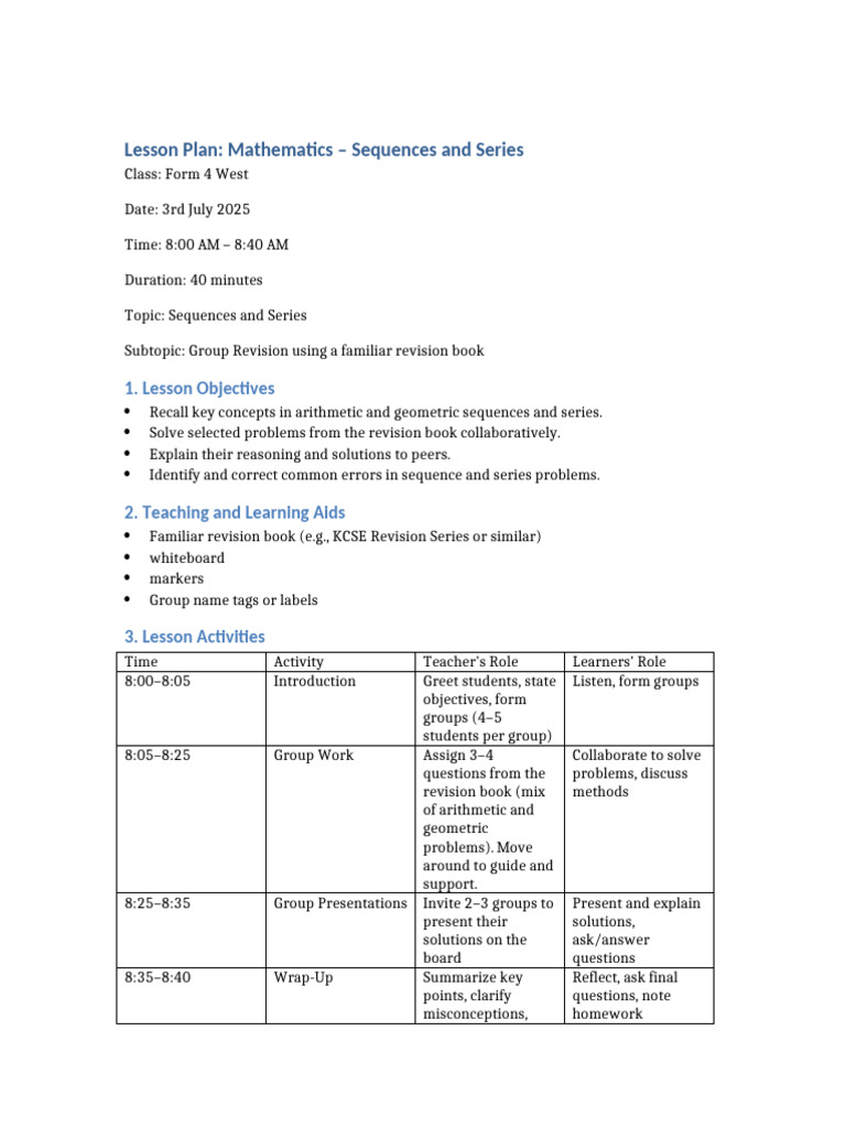 Lesson Plan Form4 Sequences | PDF | Lesson Plan | Cognitive Science
