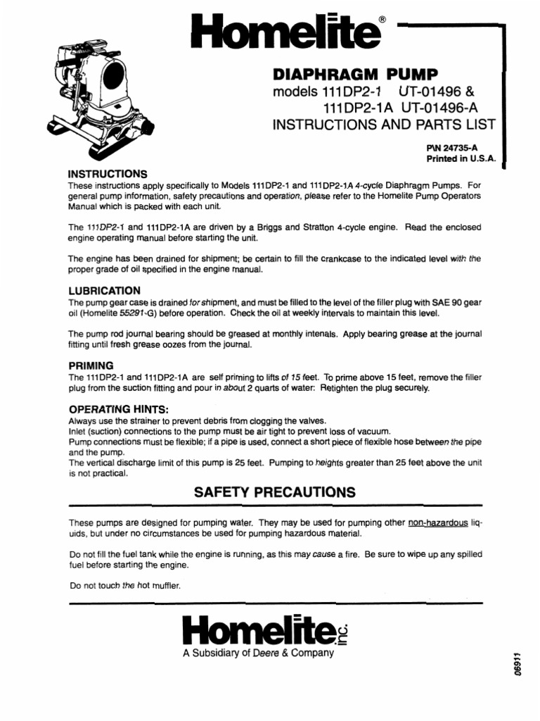 Diaphragm Pump Models 111 DP21 UT01496 & 111 DP21A UT01496A