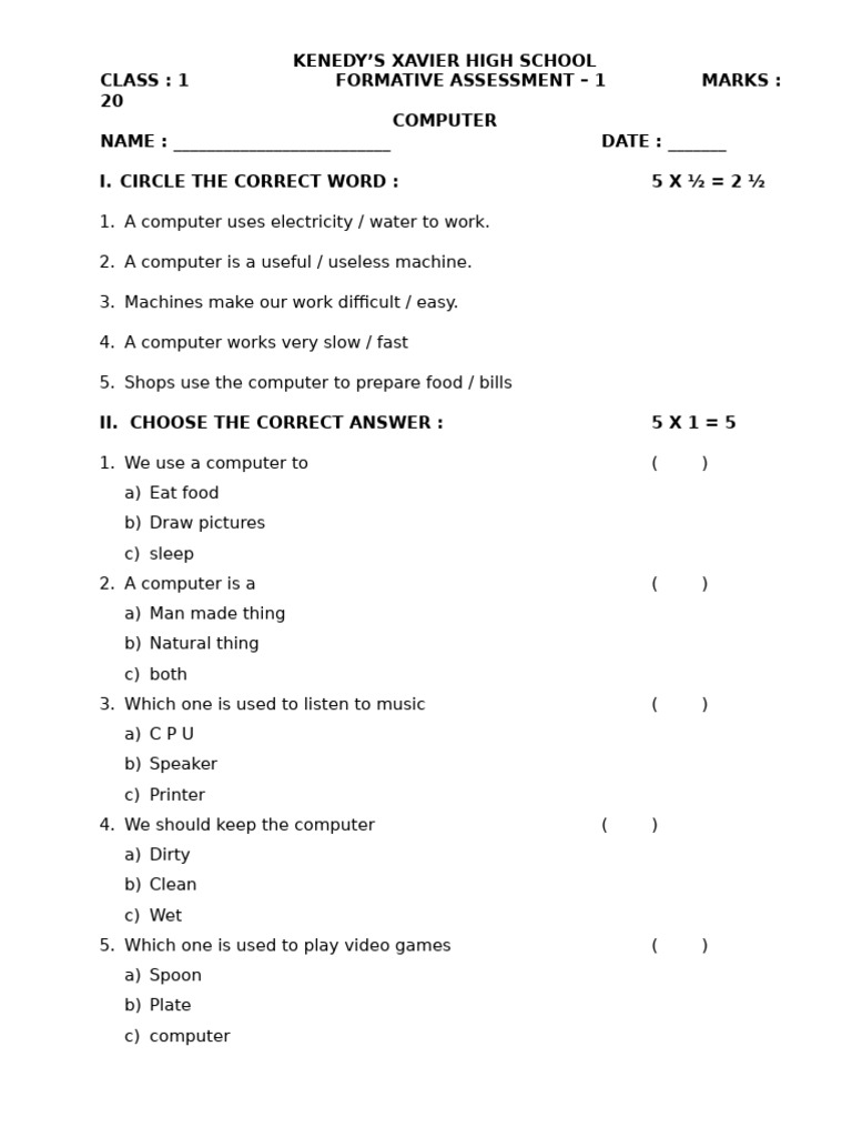 Computer Basics Assessment for Kids | PDF
