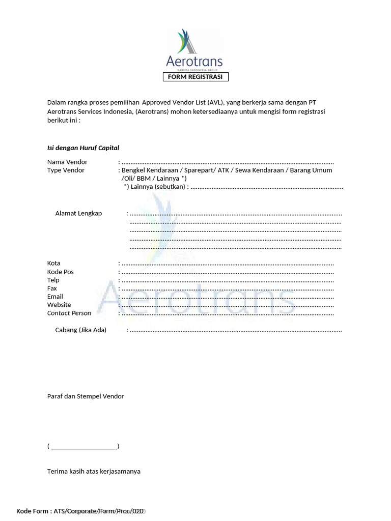 Form Registrasi AVL | PDF