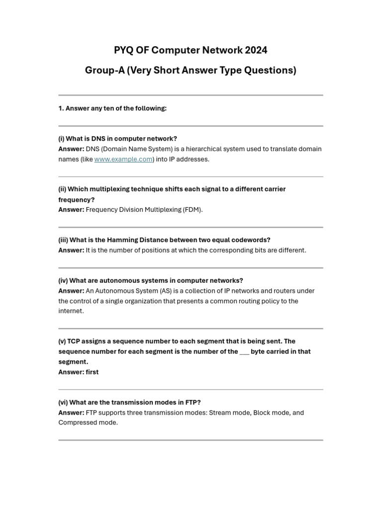 Computer Network PYQ 2024: Short Answers | PDF | Transmission Control ...