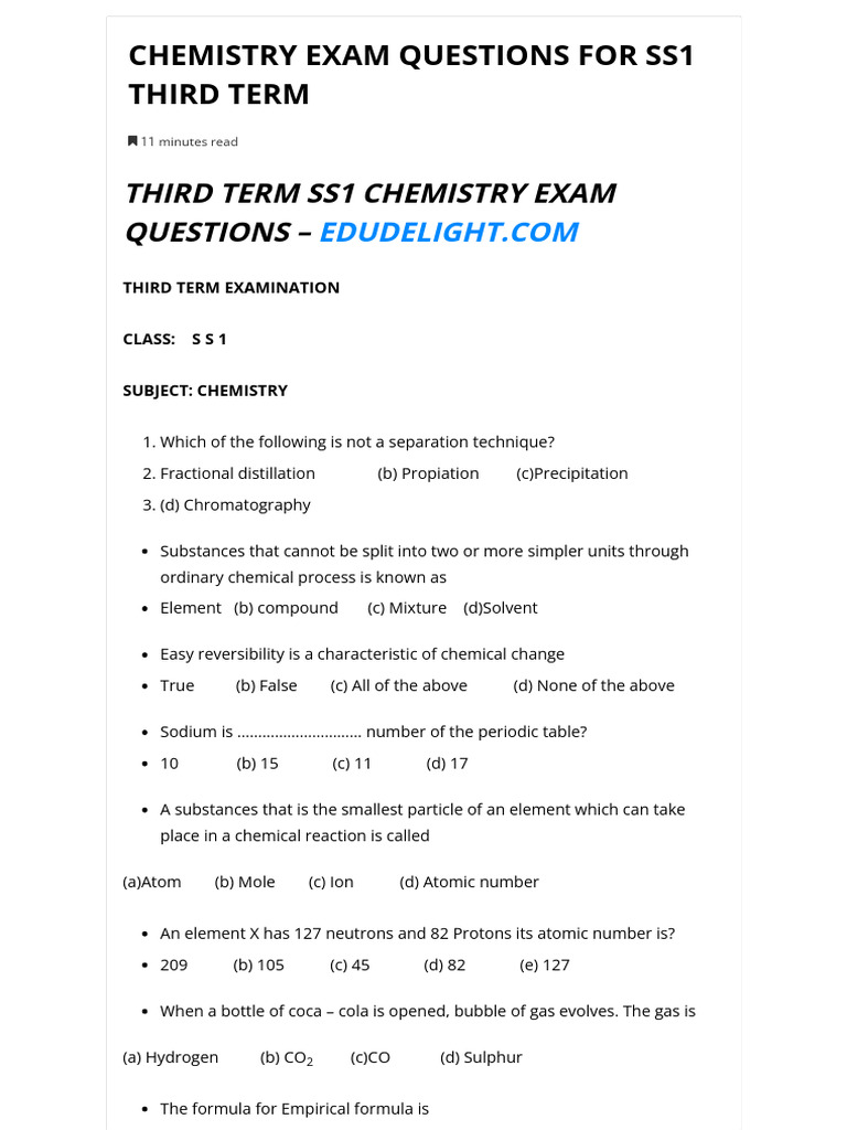 SS1 Third Term Chemistry Exam Questions | PDF | Hydroxide | Acid