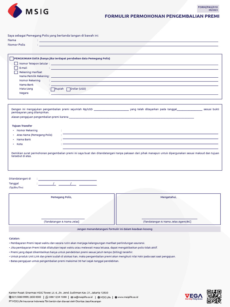 PAS010 - Form Permohonan Pengembalian Premi - MSIG | PDF
