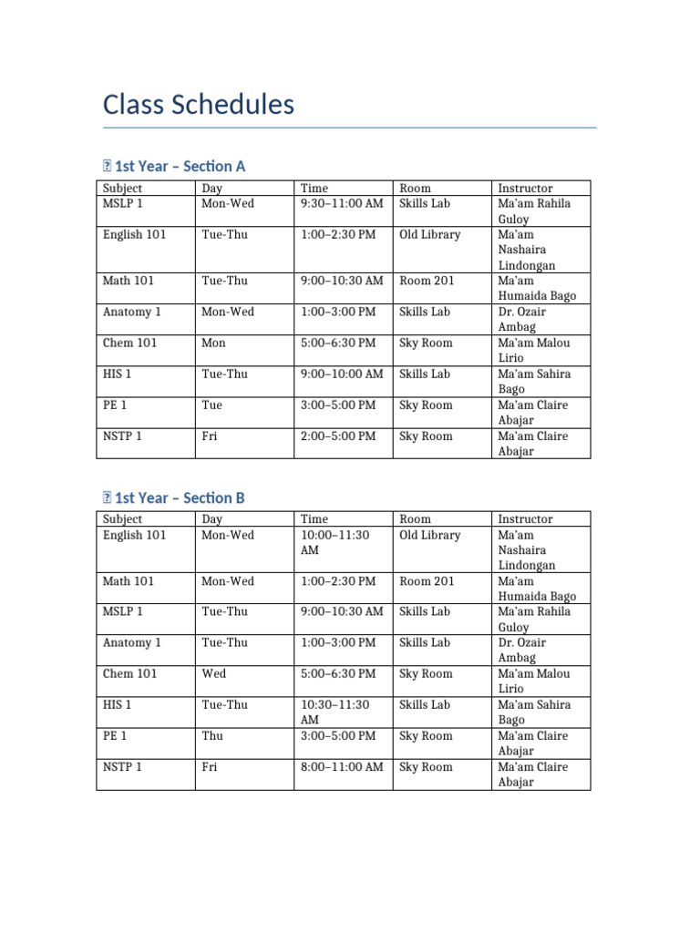 1st to 3rd Year Class Schedules | PDF