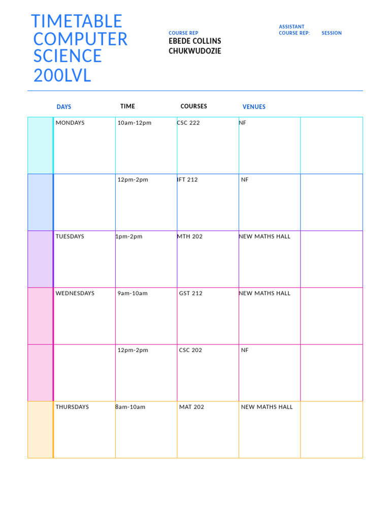 Computer Science 200 Level Timetable | PDF