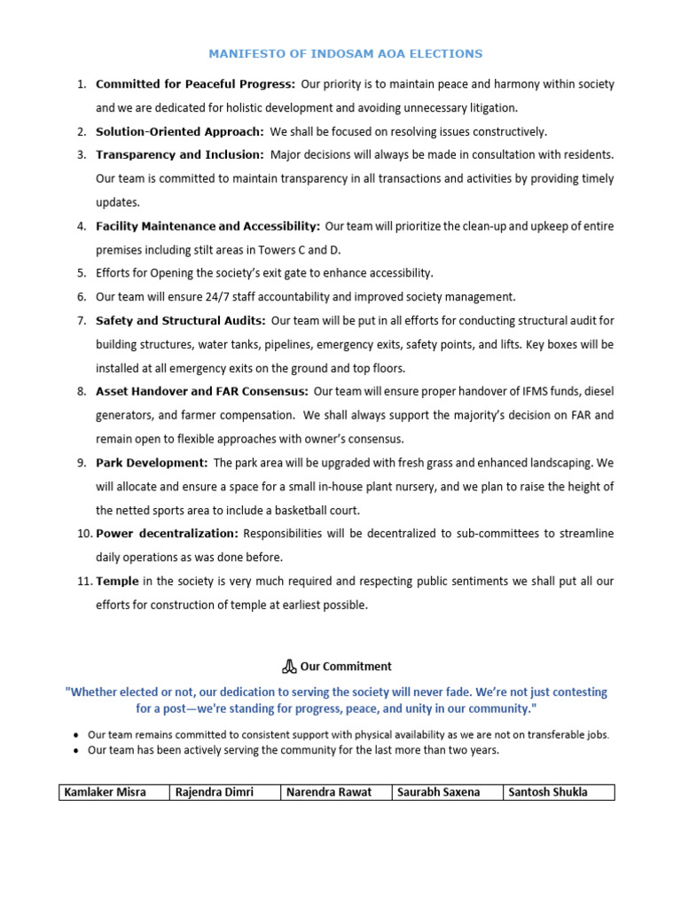 Indosam AOA Elections Manifesto | PDF | Child Care