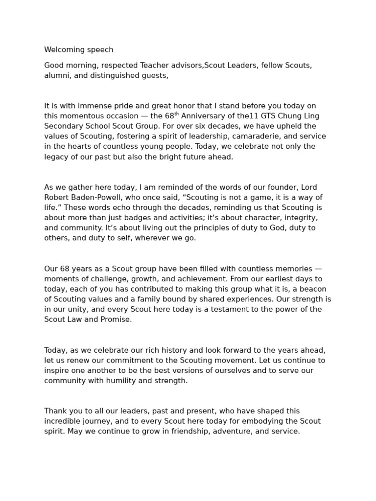 68th Anniversary Scout Welcome Speech | PDF