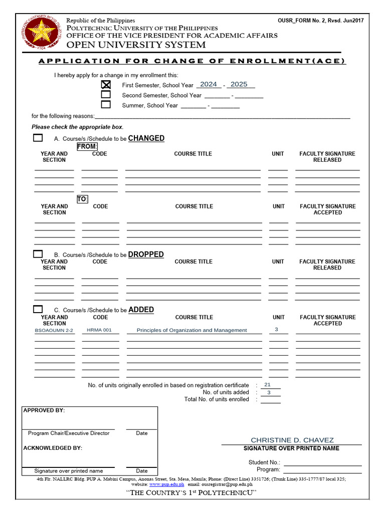 PUP OUS Application For Change of Enrollment (ACE) Form 2017 | PDF ...
