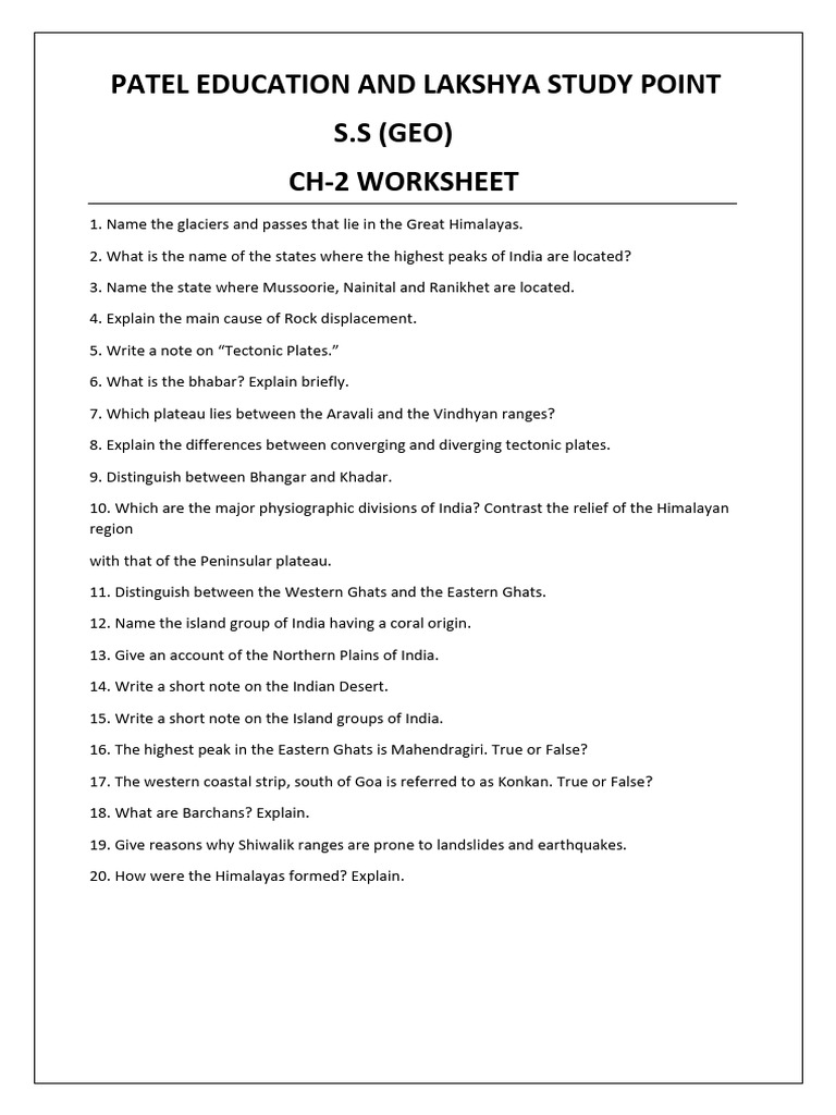 9th Cbse S.S Geo Ch2 Worksheet | PDF