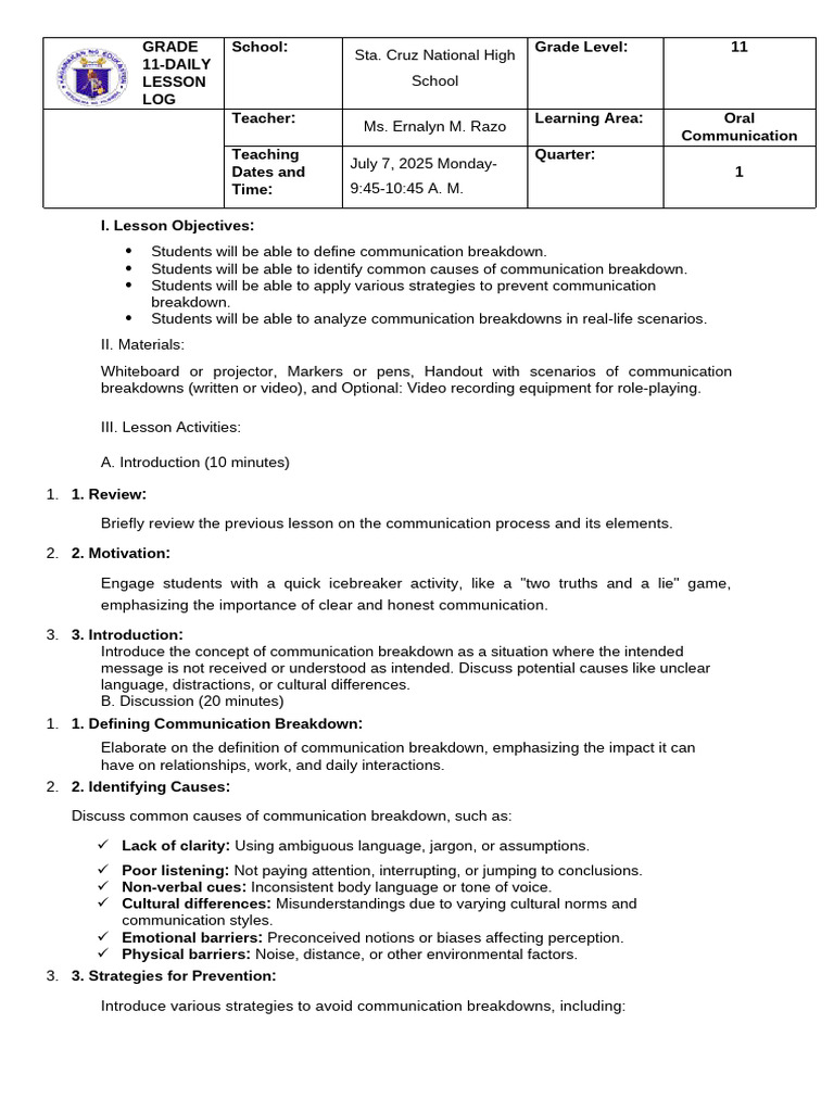 Grade 11 Oral Communication Lesson Plan | PDF | Communication | Human ...