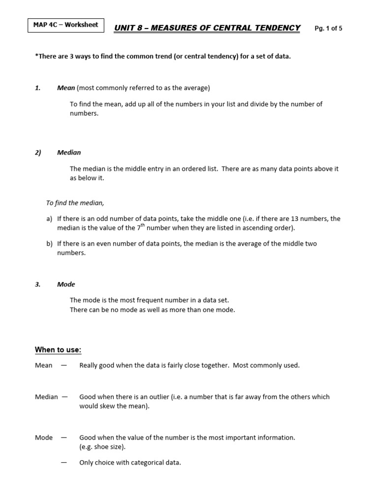 Measures Of Central Tendency Worksheet
