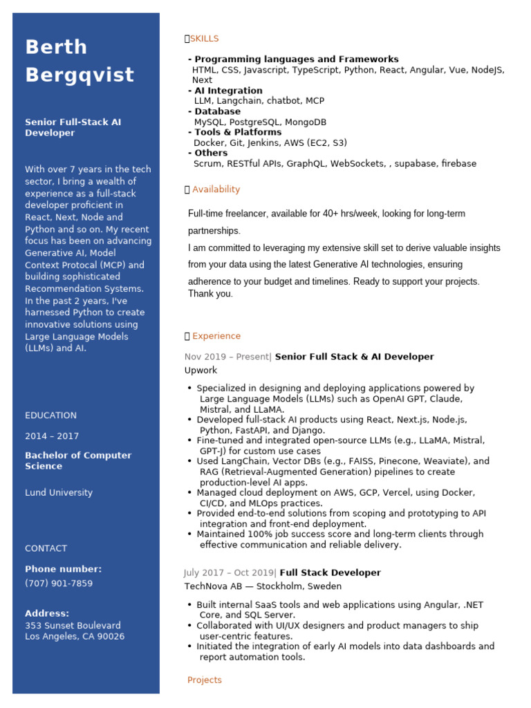 Senior Full-Stack AI Developer Profile | PDF | Artificial Intelligence ...