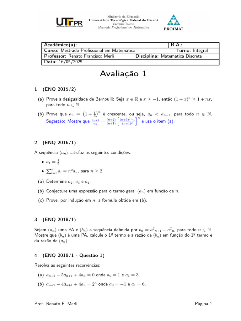 Avalia o De Matem tica Discreta 2025 PDF Matem tica