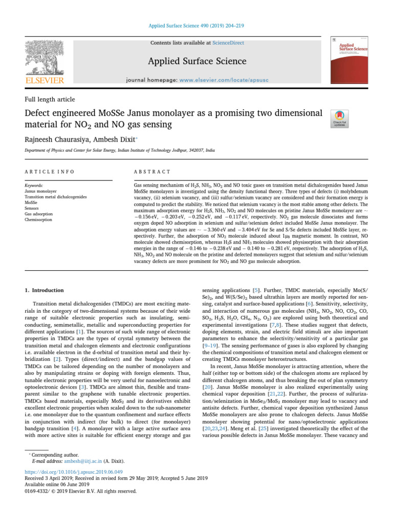 10 1016@j Apsusc 2019 06 049 | PDF | Adsorption | Band Gap
