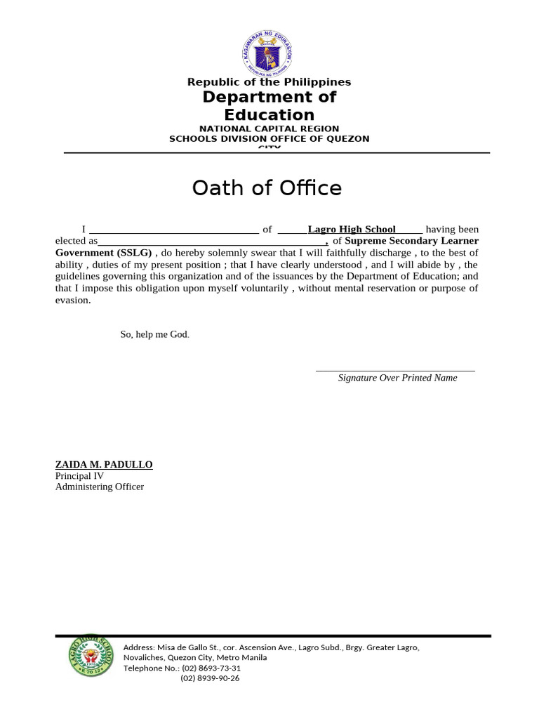 SSLG Oath of Office Form | PDF