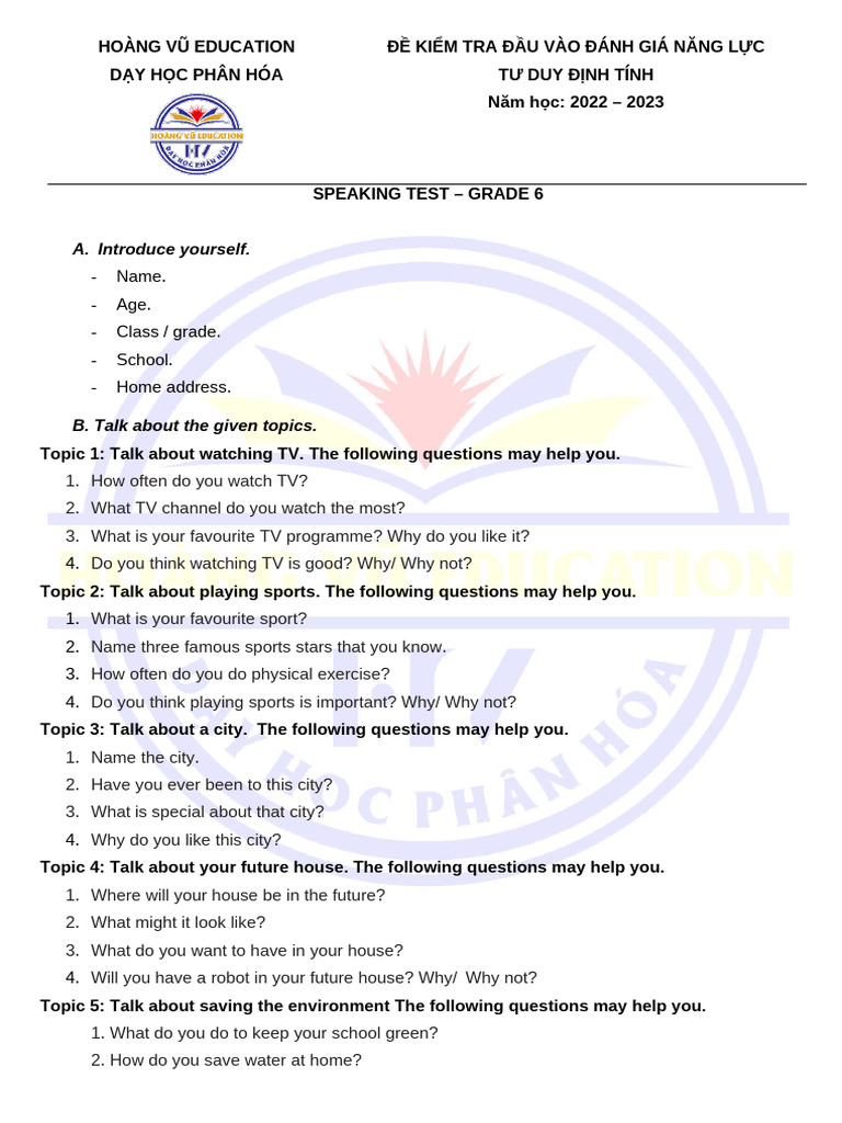 Grade 6 Speaking Test Guide | PDF