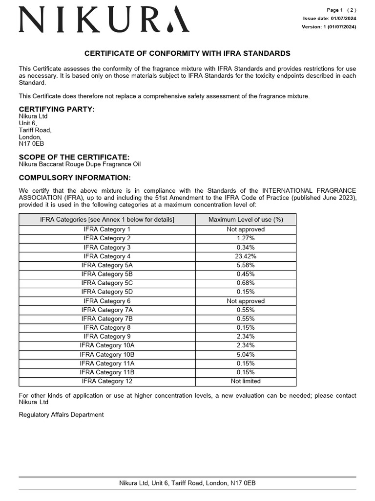 Bacarat Rouge IFRA Document | PDF | Cosmetics | Perfume