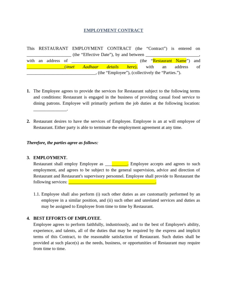 Restaurant Employment Contract Template | PDF | Employment | Business Law