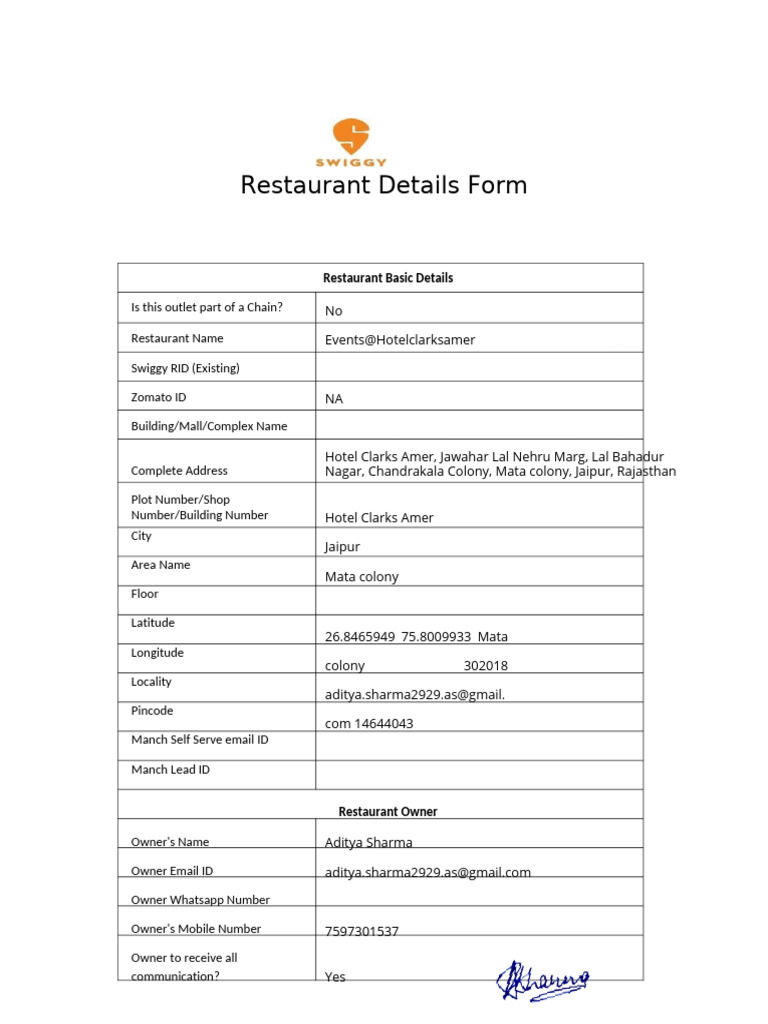 Restaurant Detail Form - Swiggy | PDF