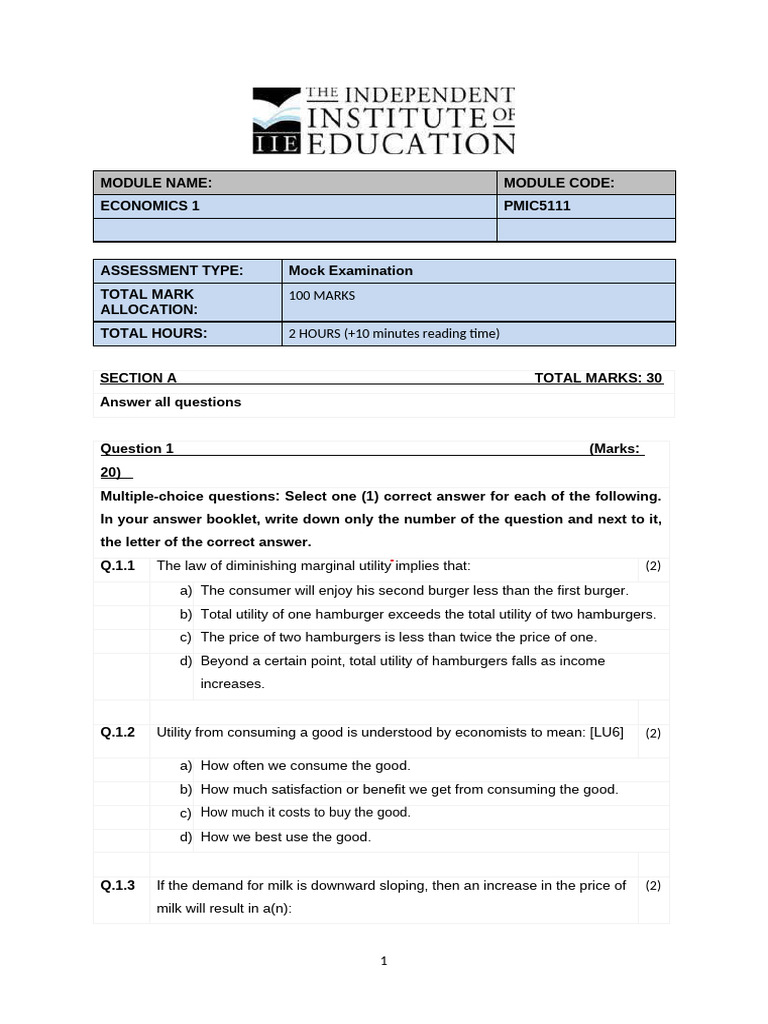 Economics 1 Mock Exam PMIC5111 | PDF | Demand | Elasticity (Economics)