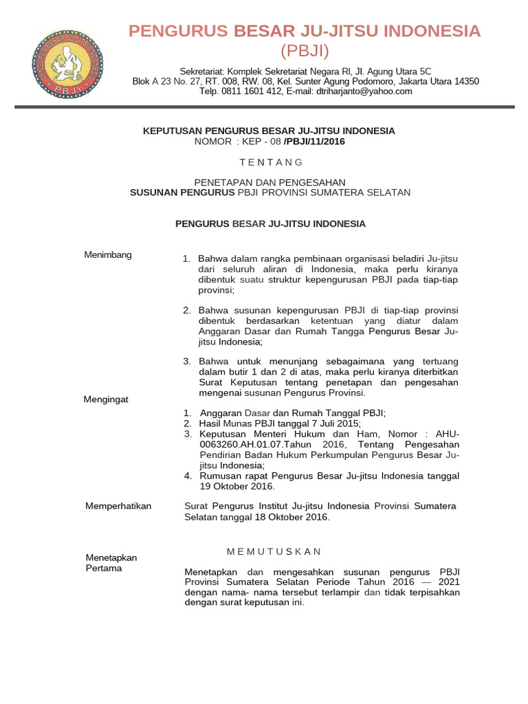 Susunan Pengurus PBJI Sumsel 2025-2029 | PDF